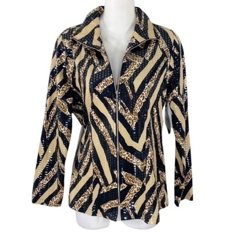 NWT Misook Tan Black Animal Leopard Zebra Print Sequin Zipper Jacket XS